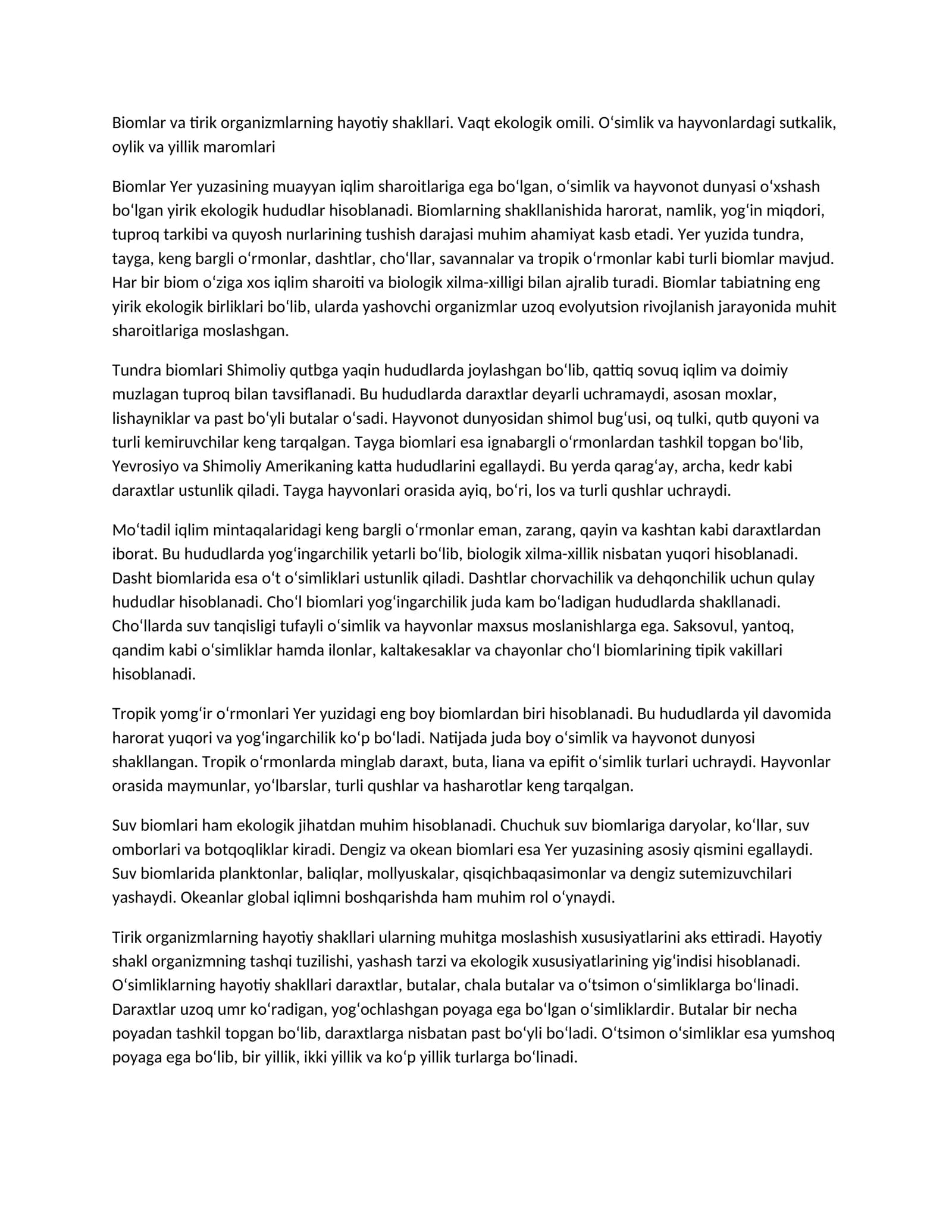 Biomlar va tirik organizmlarning hayotiy shakllari