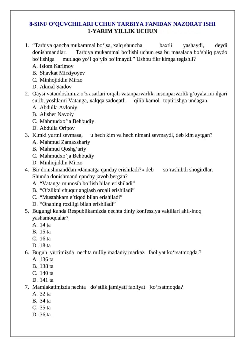 8-SINF O’QUVCHILARI UCHUN TARBIYA FANIDAN NAZORAT ISHI