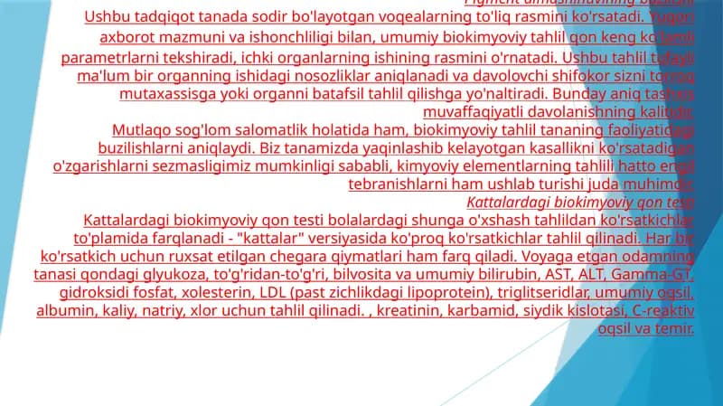 Biokimyoviy qontekshiruvi qanday ko'rsatkichlarni o'z ichiga oladi