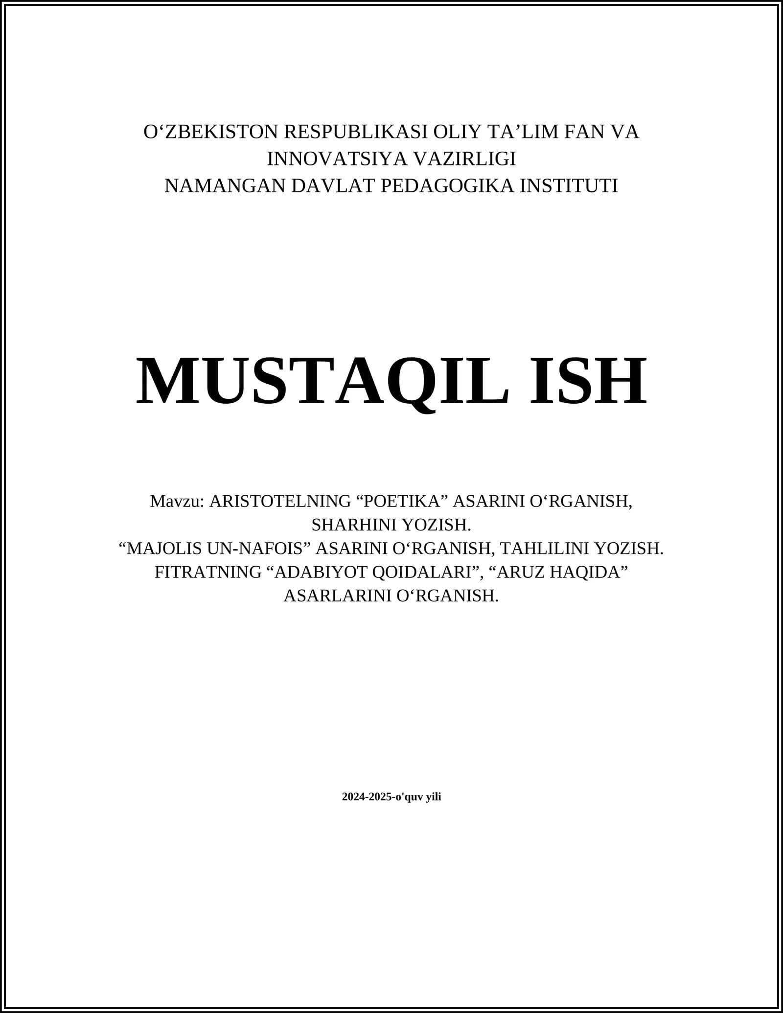 ARISTOTELNING “POETIKA” ASARI