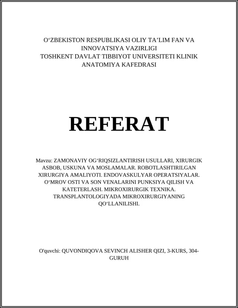 Zamonaviy Og‘riqsizlantirish Usullari