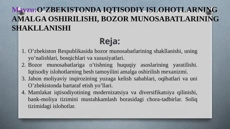 O’ZBEKISTONDA IQTISODIY ISLOHOTLARNING AMALGA OSHIRILISHI, BOZOR MUNOSABATLARINING SHAKLLANISHI