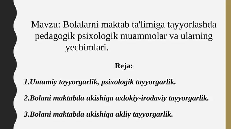 Bolalarni maktab ta'limiga tayyorlashda pedagogik psixologik muammolar va ularning yechimlari