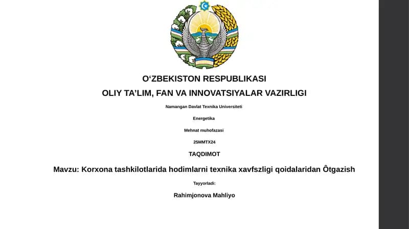 Korxona tashkilotlarida hodimlarni texnika xavfszligi qoidalaridan Ôtgazish