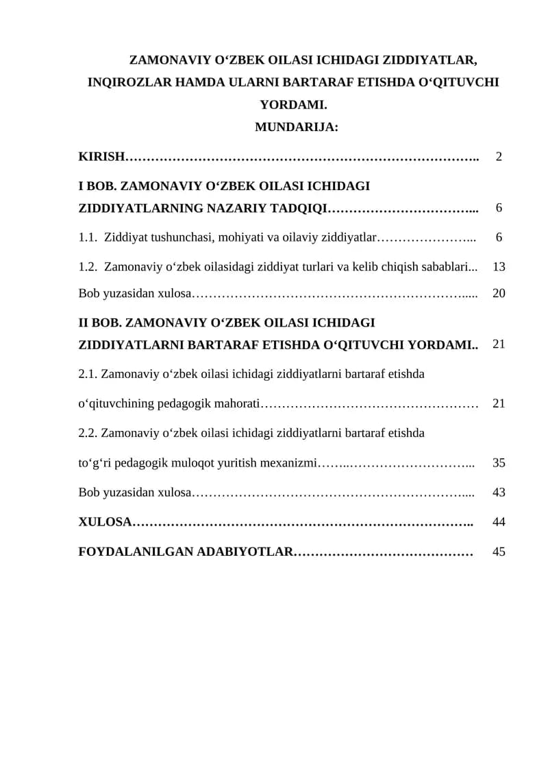 ZAMONAVIY O‘ZBEK OILASI ICHIDAGI ZIDDIYATLAR, INQIROZLAR HAMDA ULARNI BARTARAF ETISHDA O‘QITUVCHI YORDAMI.