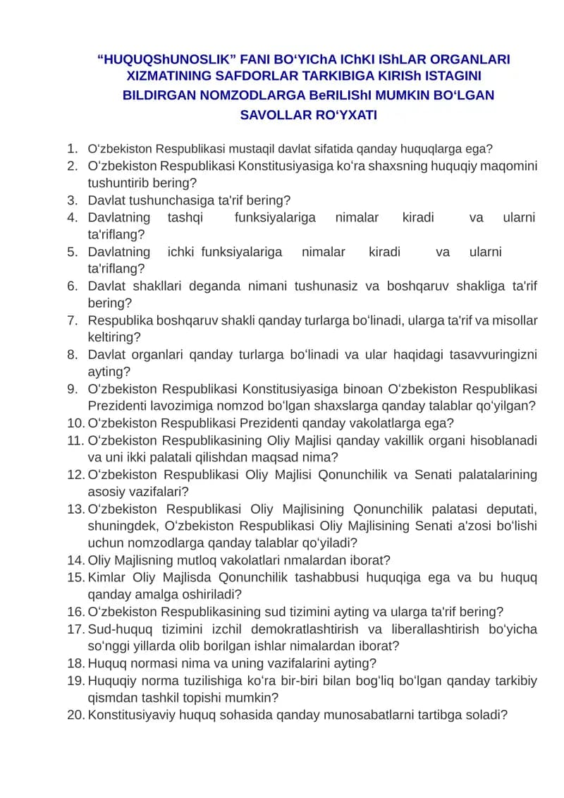 HUQUQSHUNOSLIK FANI BOʻYICHA SAVOLLAR