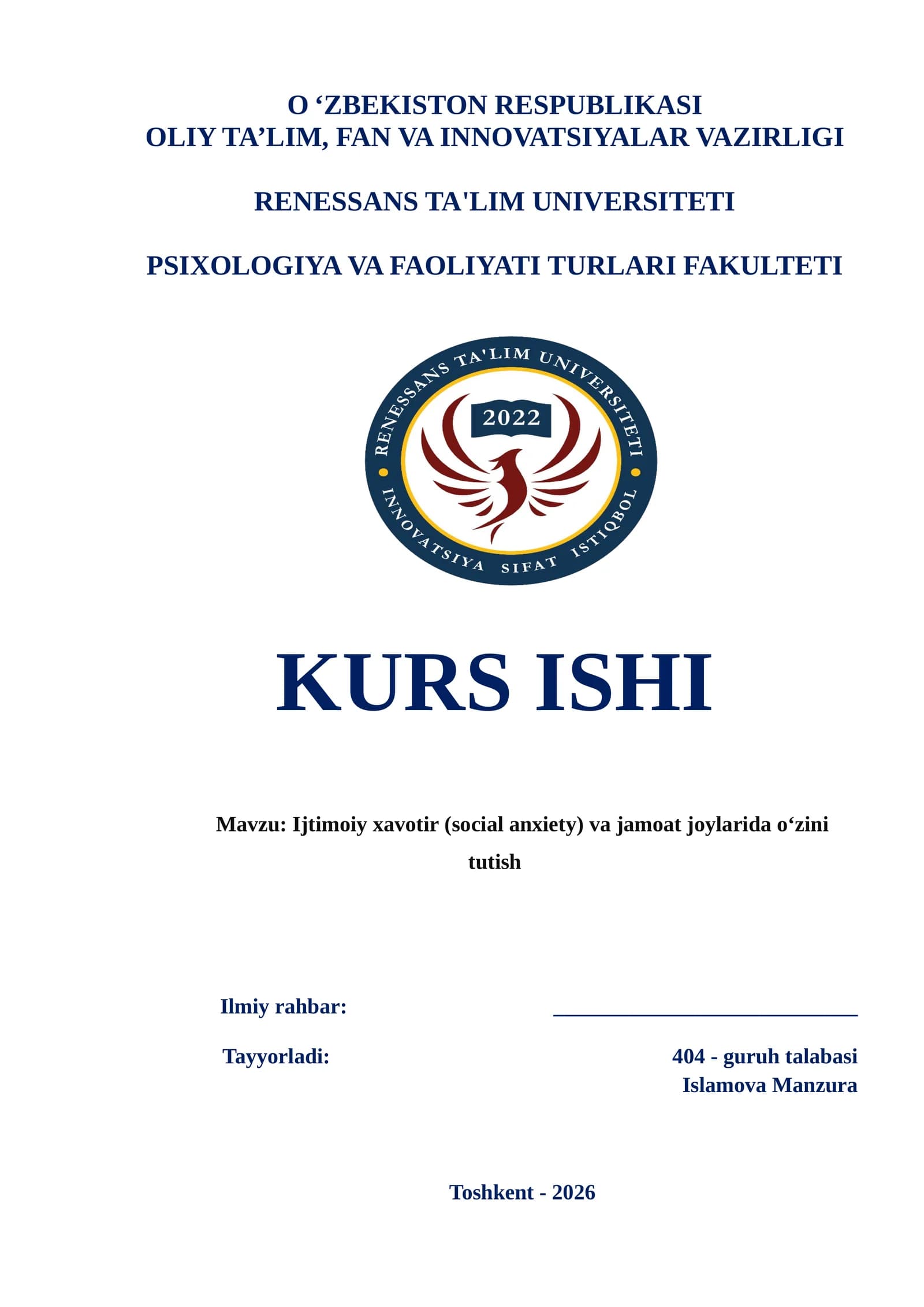 Ijtimoiy xavotir (social anxiety) va jamoat joylarida o‘zini tutish