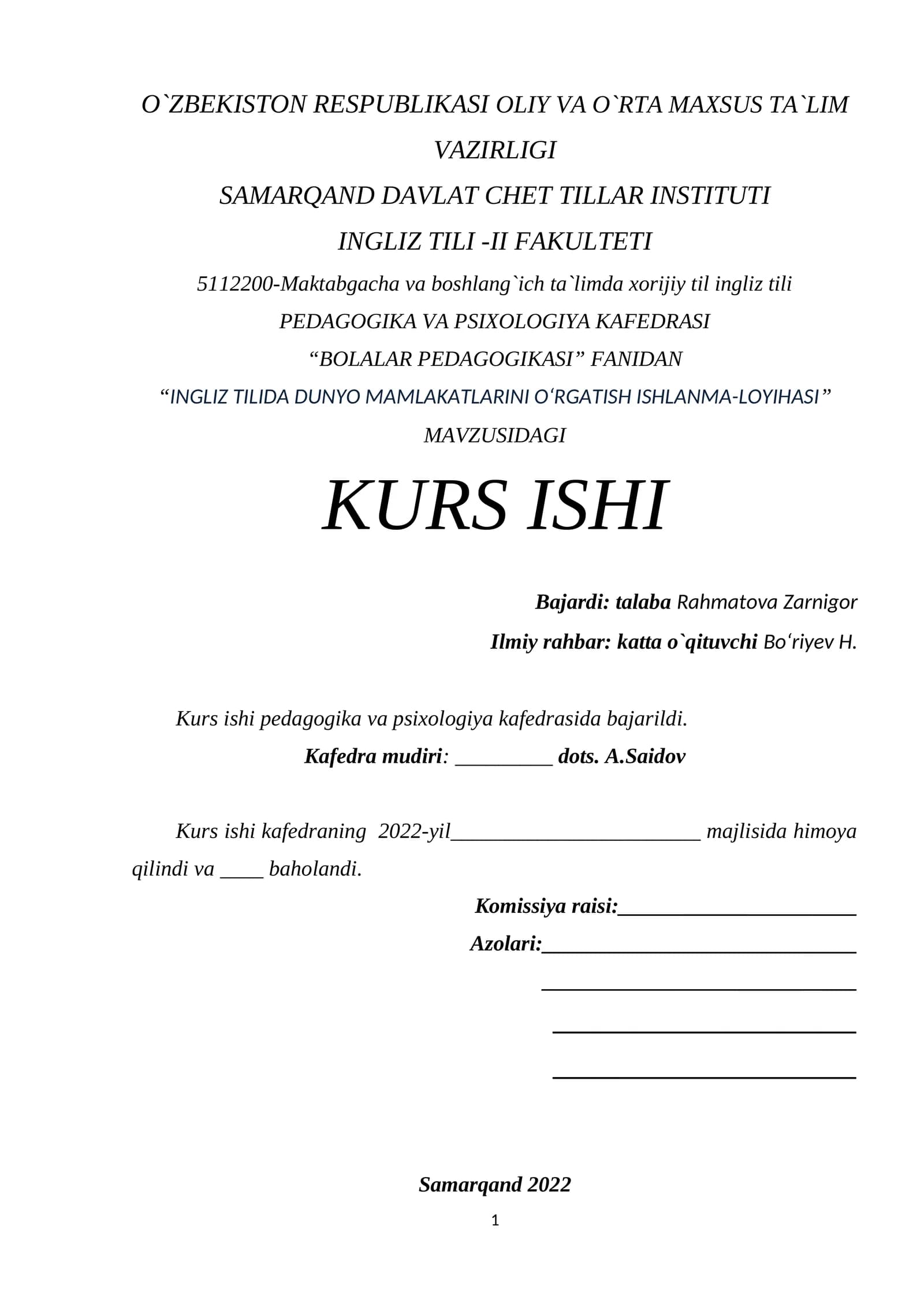 KURS ISHI: "INGLIZ TILIDA DUNYO MAMLAKATLARINI O‘RGATISH ISHLANMA-LOYIHASI"