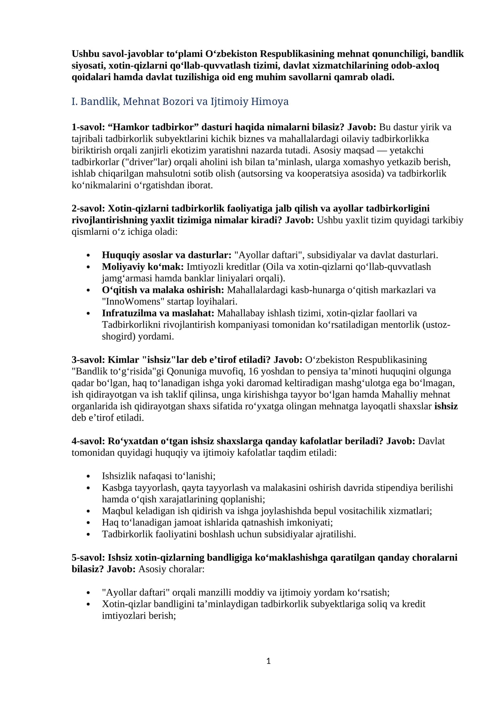 Agros 2026 suhbar salollari javoblari bilan ( Bandlik va tadbirkorlik yo'nalishi )