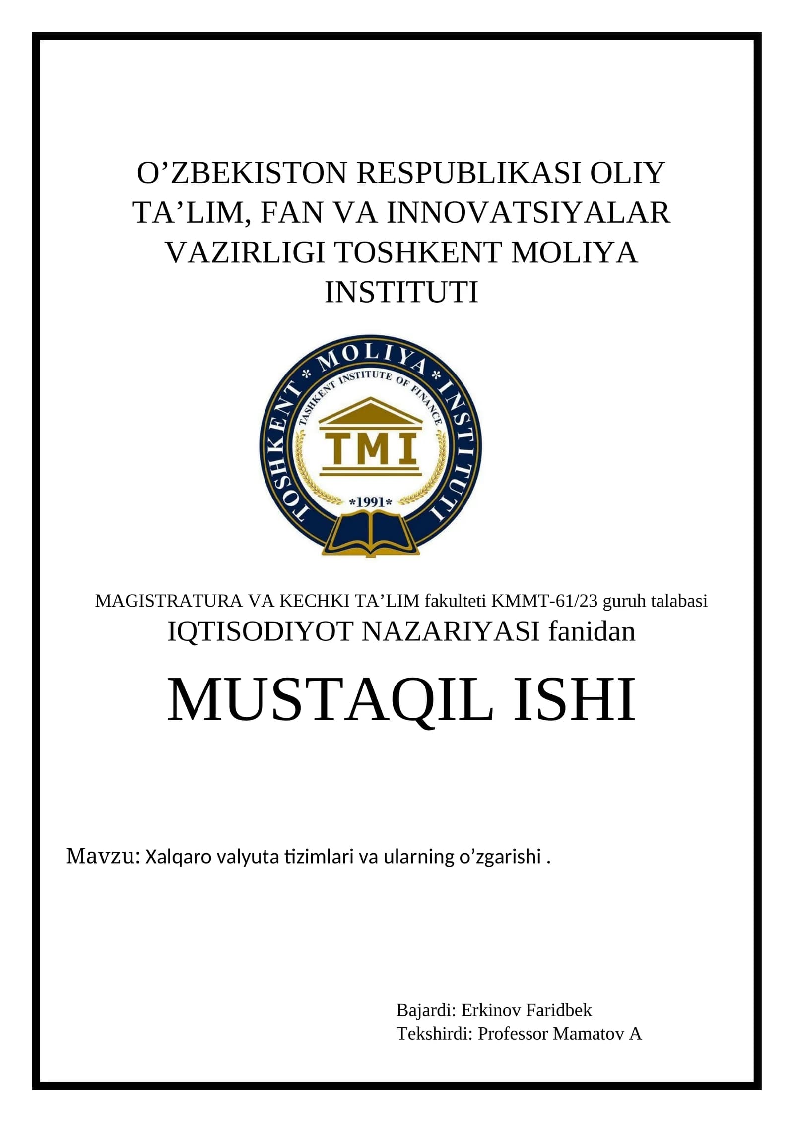 Magistratura va kechki ta'lim fakulteti KMMT-61/23 guruh talabasi