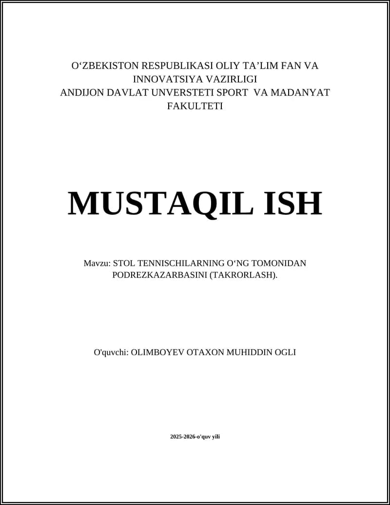 STOL TENNISCHILARNING O‘NG TOMONIDAN PODREZKAZARBASINI (TAKRORLASH)