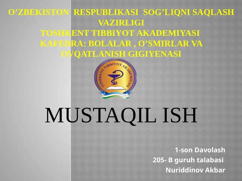 O’ZBЕKISTON RЕSPUBLIKASISOG’LIQNI SAQLASHVAZIRLIGITоshkеnt tibbiyot аkаdemiya
