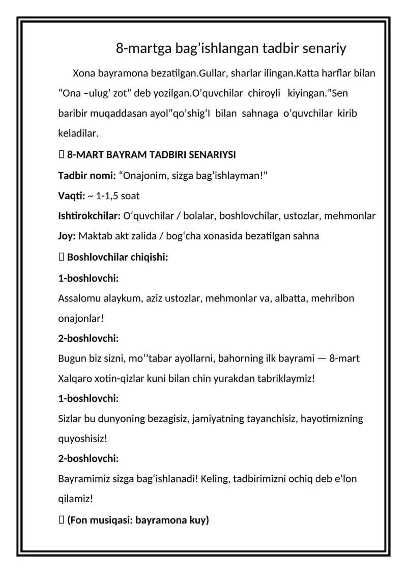 8-mart bayram tadbiri senariysi