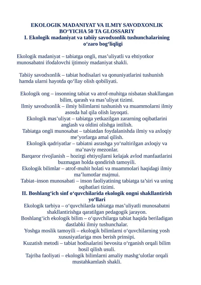 Ekologik Madaniyat va Ilmiy Savodxonlik bo‘yicha 50 ta Glossariy
