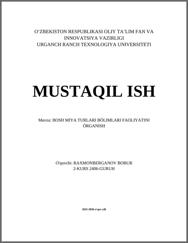 Bosh Miya Turlari Bólimlari Faoliyatini Órganish