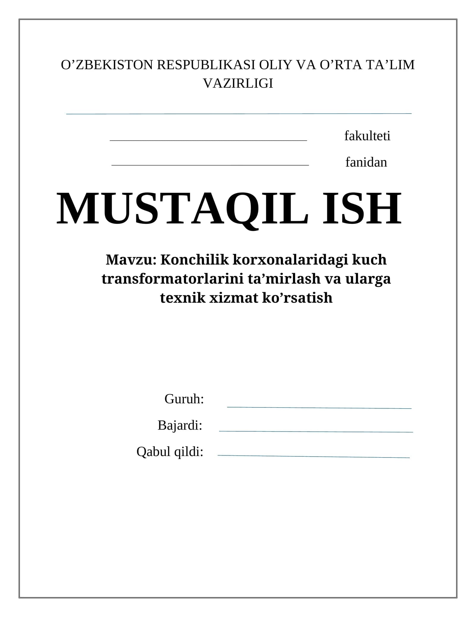 Kuch transfоrmatоrlarini ta’mirlash va ularga tехnik хizmat ko’rsatish