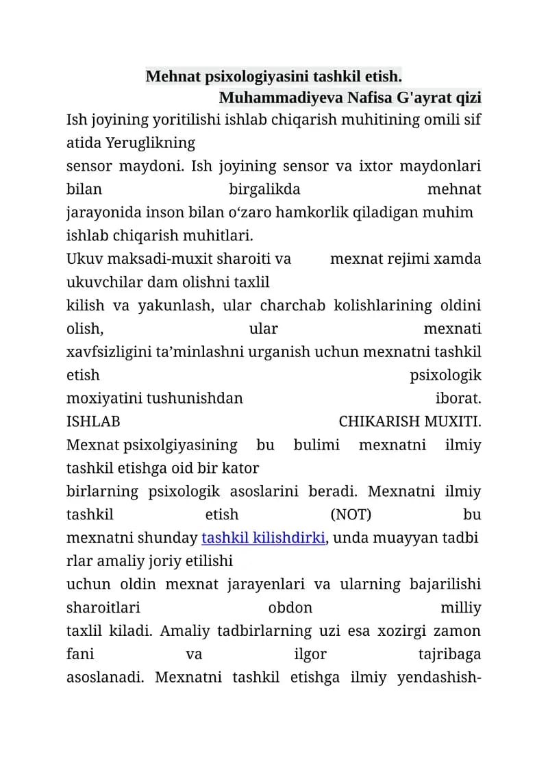 Mehnat psixologiyasini tashkil etish