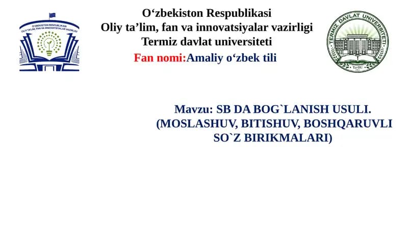 SB DA BOG`LANISH USULI.  (MOSLASHUV, BITISHUV, BOSHQARUVLI SO`Z BIRIKMALARI)