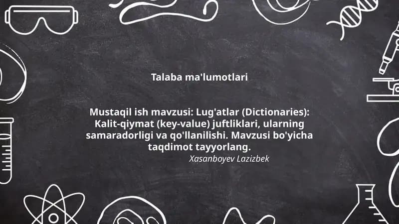 Lug'atlar (Dictionaries): Kalit-qiymat (key-value) juftliklari, ularning samaradorligi va qo'llanilishi