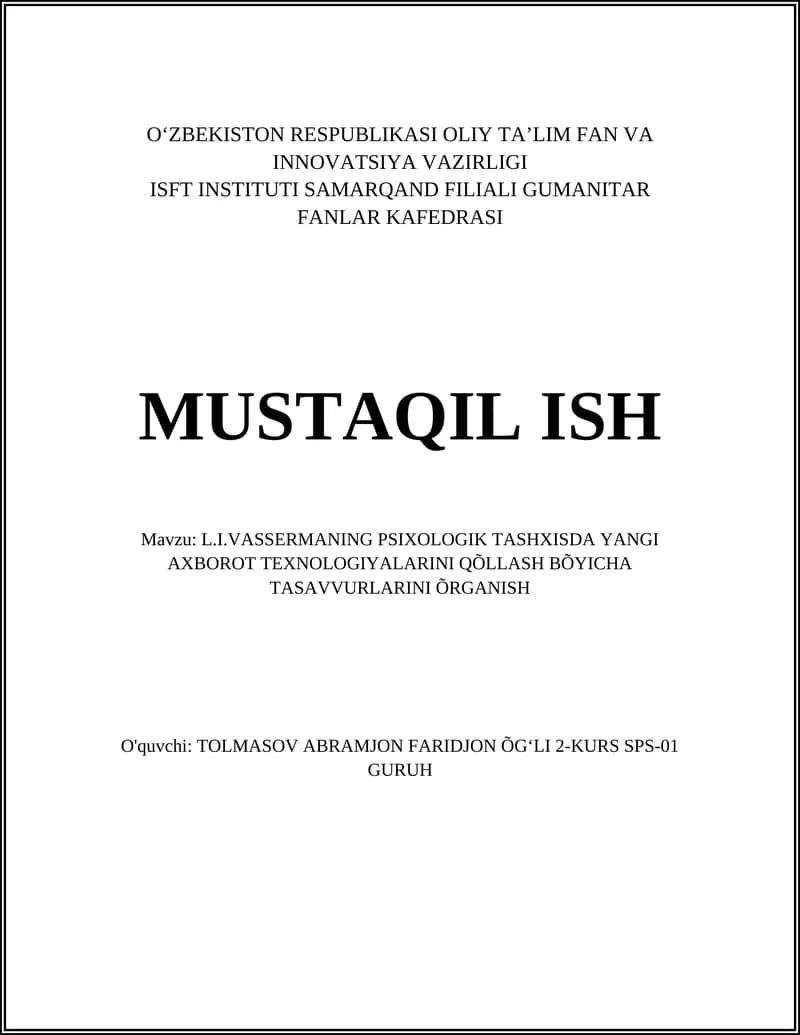 L.I.VASSERMANING PSIXOLOGIK TASHXISDA YANGI AXBOROT TEXNOLOGIYALARINI QÕLLASH BÕYICHA TASAVVURLARINI ÕRGANISH