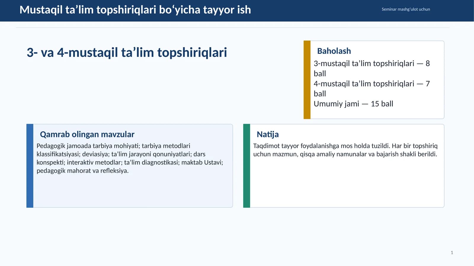 Mustaqil ta’lim topshiriqlari bo‘yicha tayyor ish
