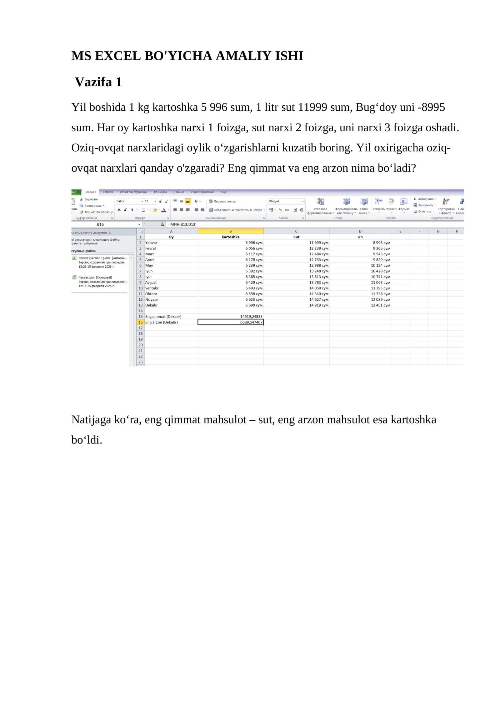 MS EXCEL BO'YICHA AMALIY ISHI