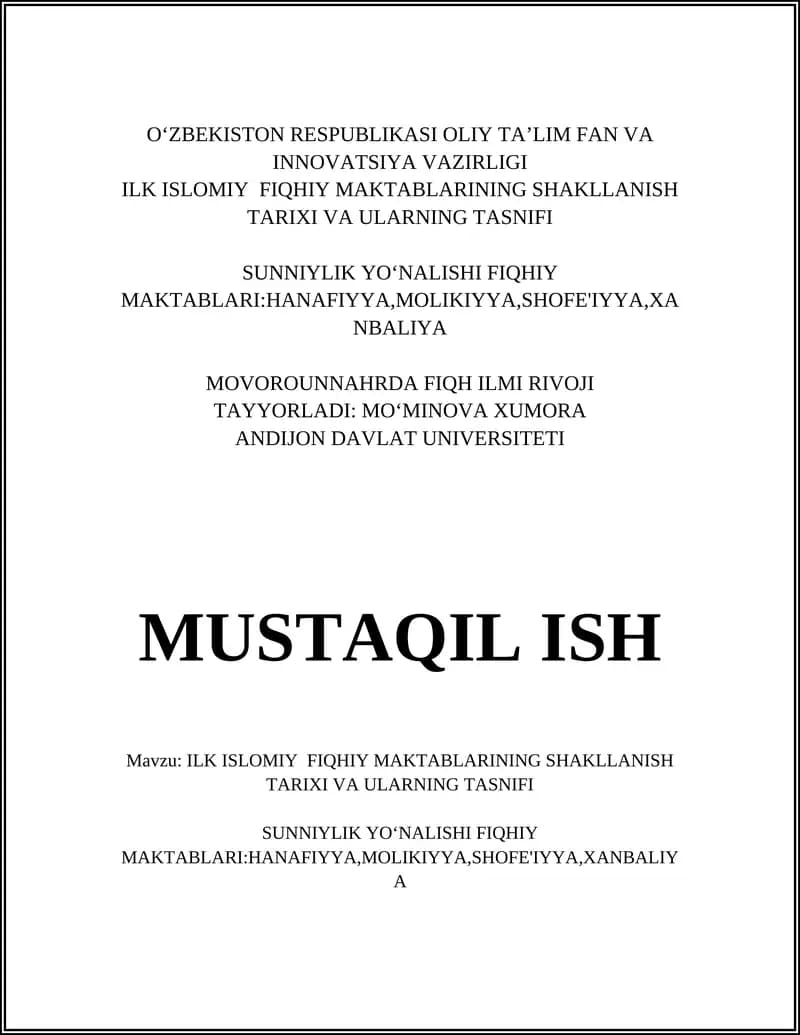 ILK ISLOMIY FIQHIY MAKTABLARINING SHAKLLANISH TARIXI VA ULARNING TASNIFI