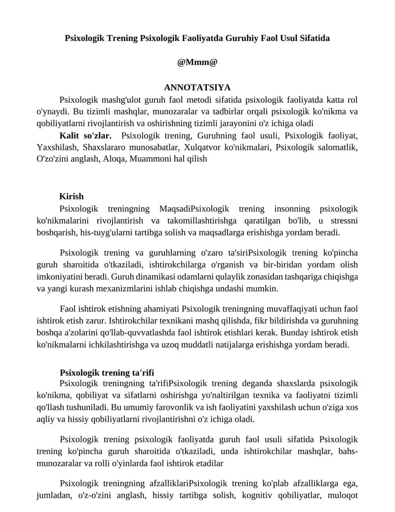 Psixologik Trening Psixologik Faoliyatda Guruhiy Faol Usul Sifatida