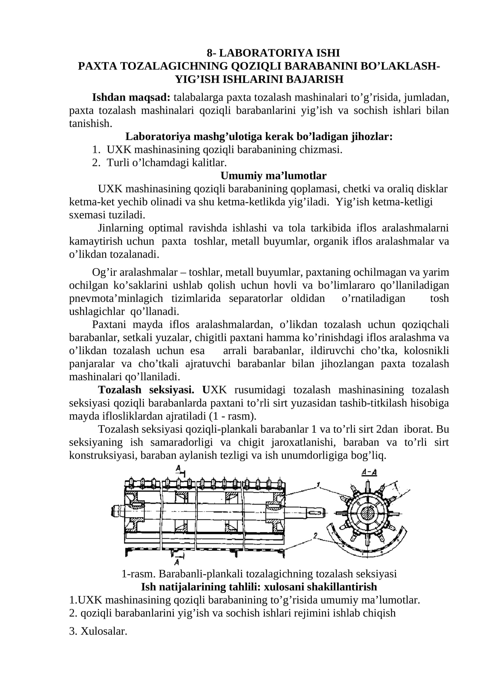 PAXTA TOZALAGICHNING QOZIQLI BARABANINI BO’LAKLASH-YIG’ISH ISHLARINI BAJARISH