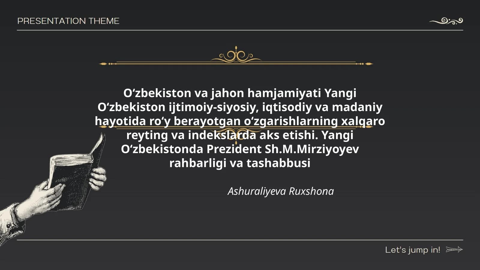 O‘zbekiston va jahon hamjamiyati Yangi O‘zbekiston ijtimoiy-siyosiy, iqtisodiy va madaniy hayotida roʻy berayotgan oʻzgarishlarning xalqaro reyting va indekslarda aks etishi. Yangi O‘zbekistonda Prezident Sh.M.Mirziyoyev rahbarligi va tashabbusi
