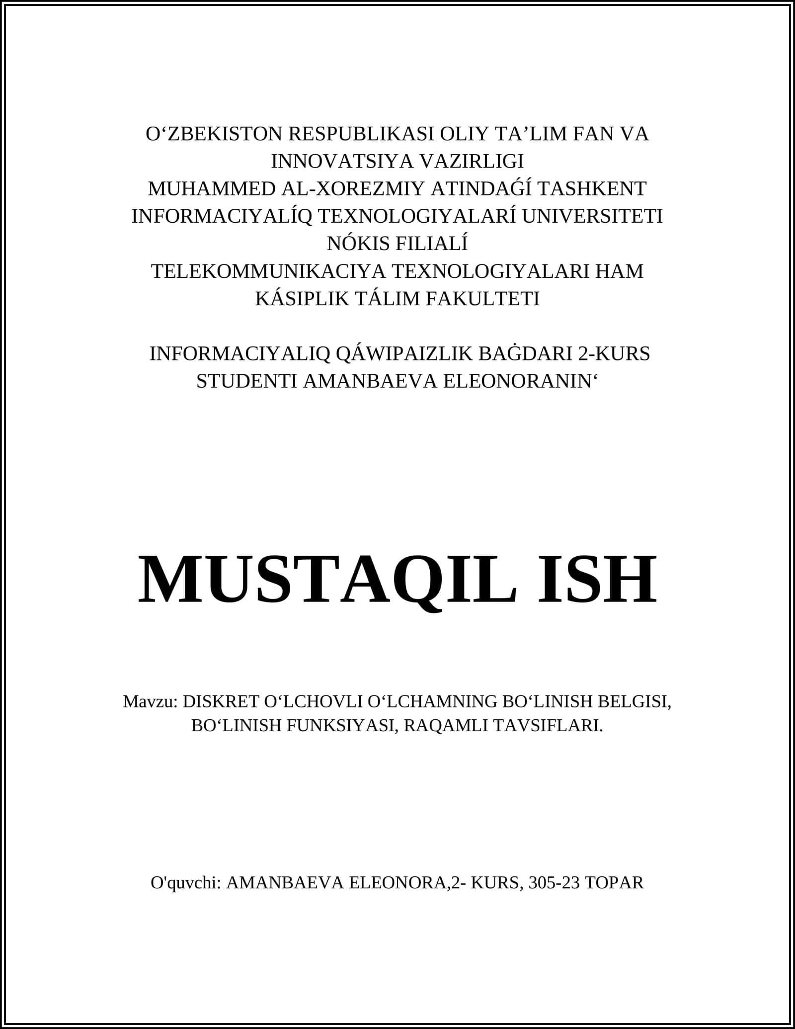 DISKRET OʻLCHOVLI OʻLCHAMNING BOʻLINISH BELGISI, BOʻLINISH FUNKSIYASI, RAQAMLI TAVSIFLARI