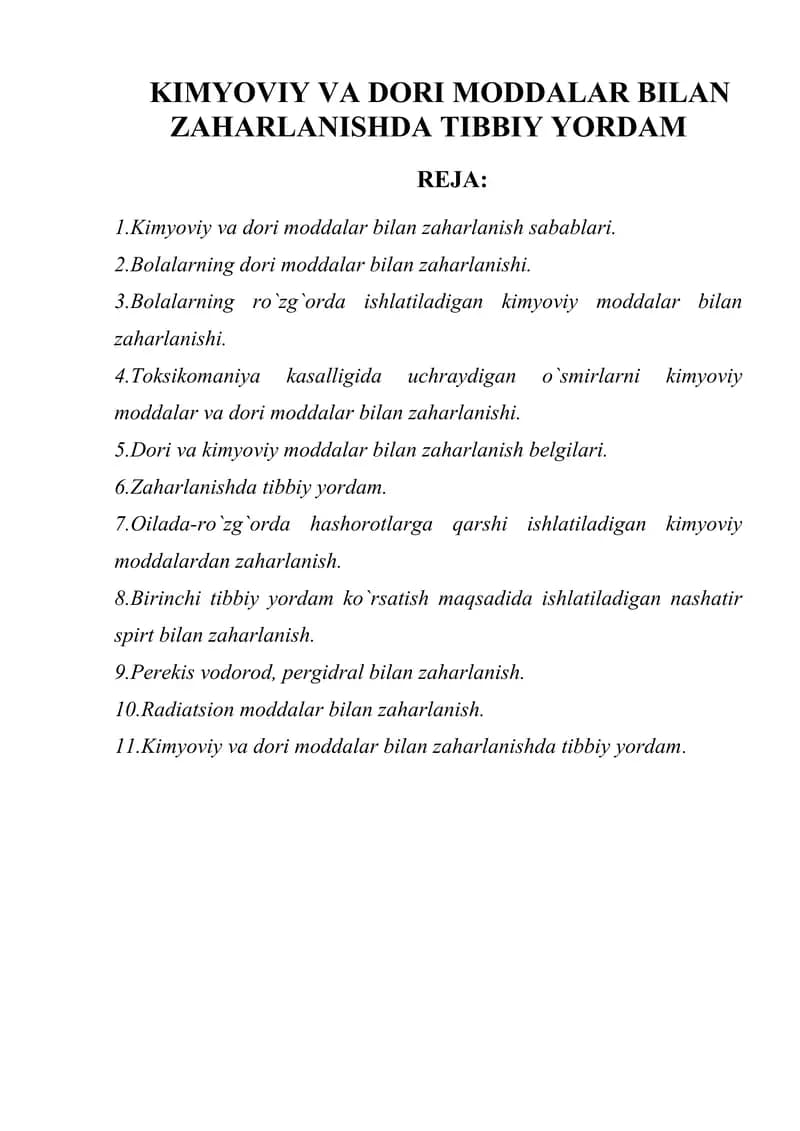 Kimyoviy va dori moddalar bilan zaharlanishda tibbiy yordam
