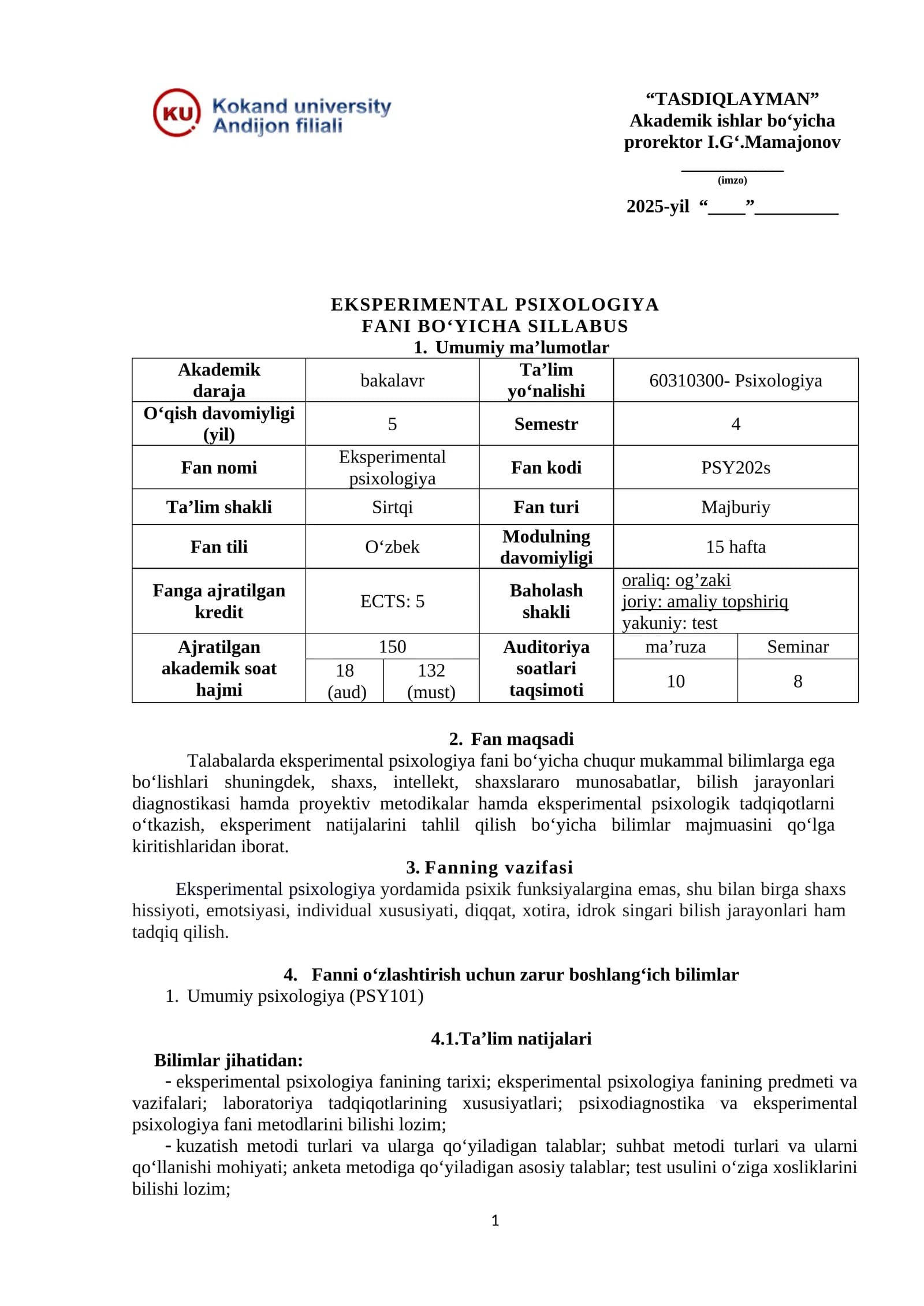 EKSPERIMENTAL PSIXOLOGIYA FANI BO‘YICHA SILLABUS