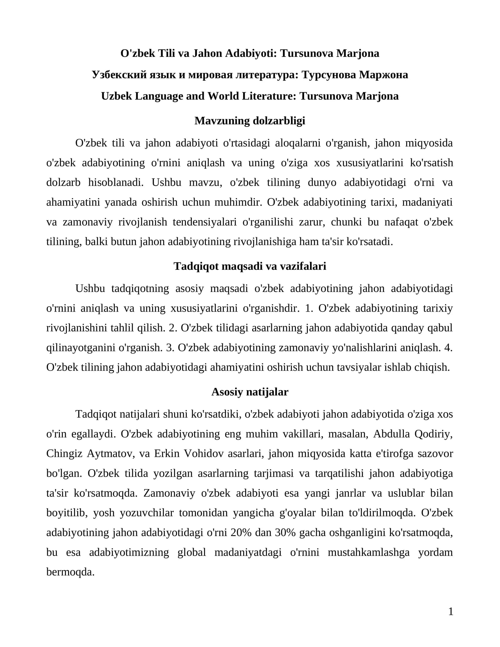 O'zbek Tili va Jahon Adabiyoti