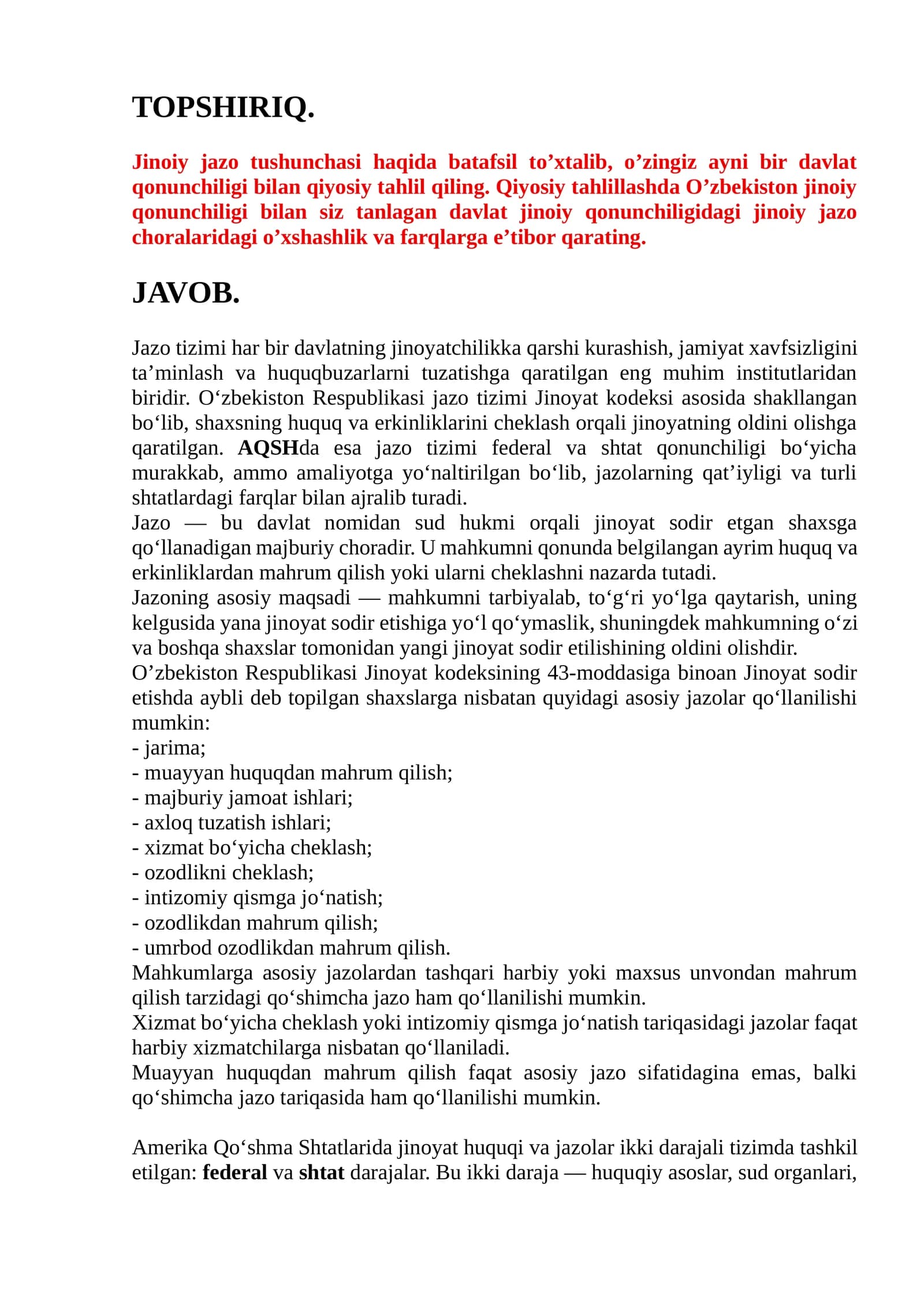 Jinoiy jazo tushunchasi haqida