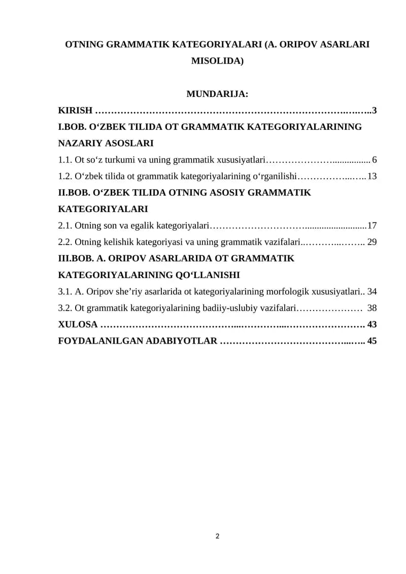 OTNING GRAMMATIK KATEGORIYALARI (A. ORIPOV ASARLARI MISOLIDA)