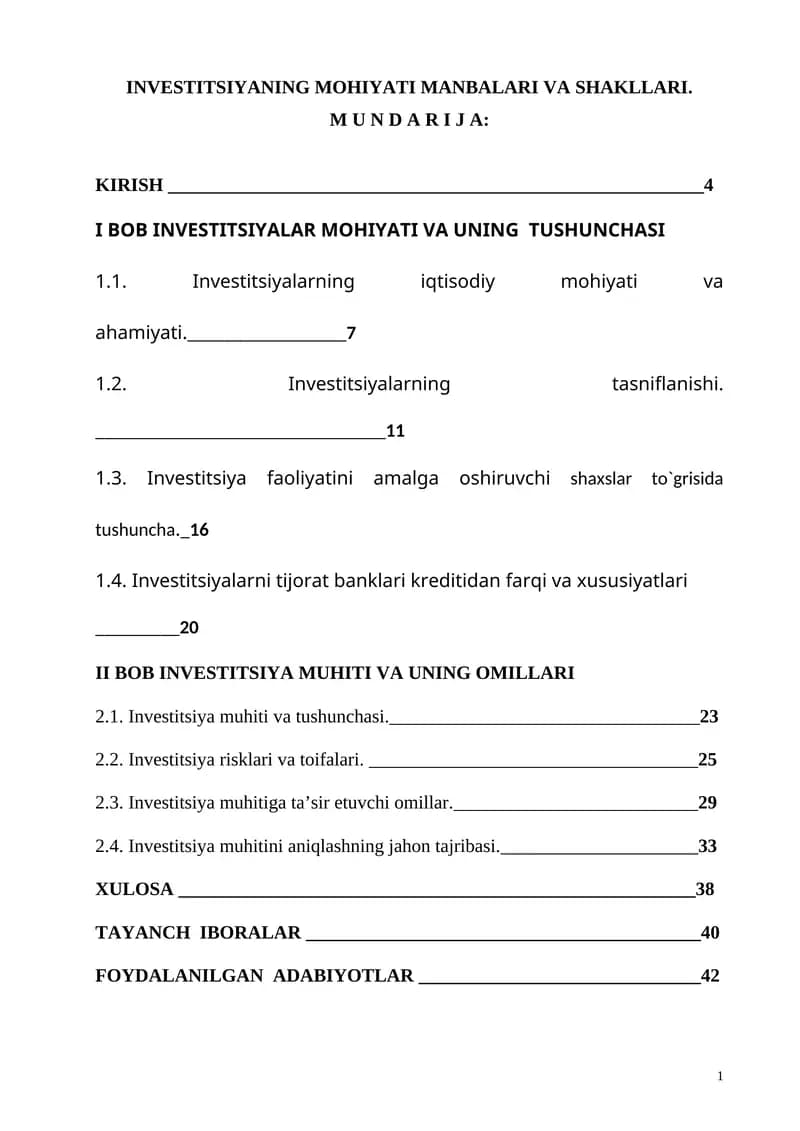 INVESTITSIYANING MOHIYATI MANBALARI VA SHAKLLARI