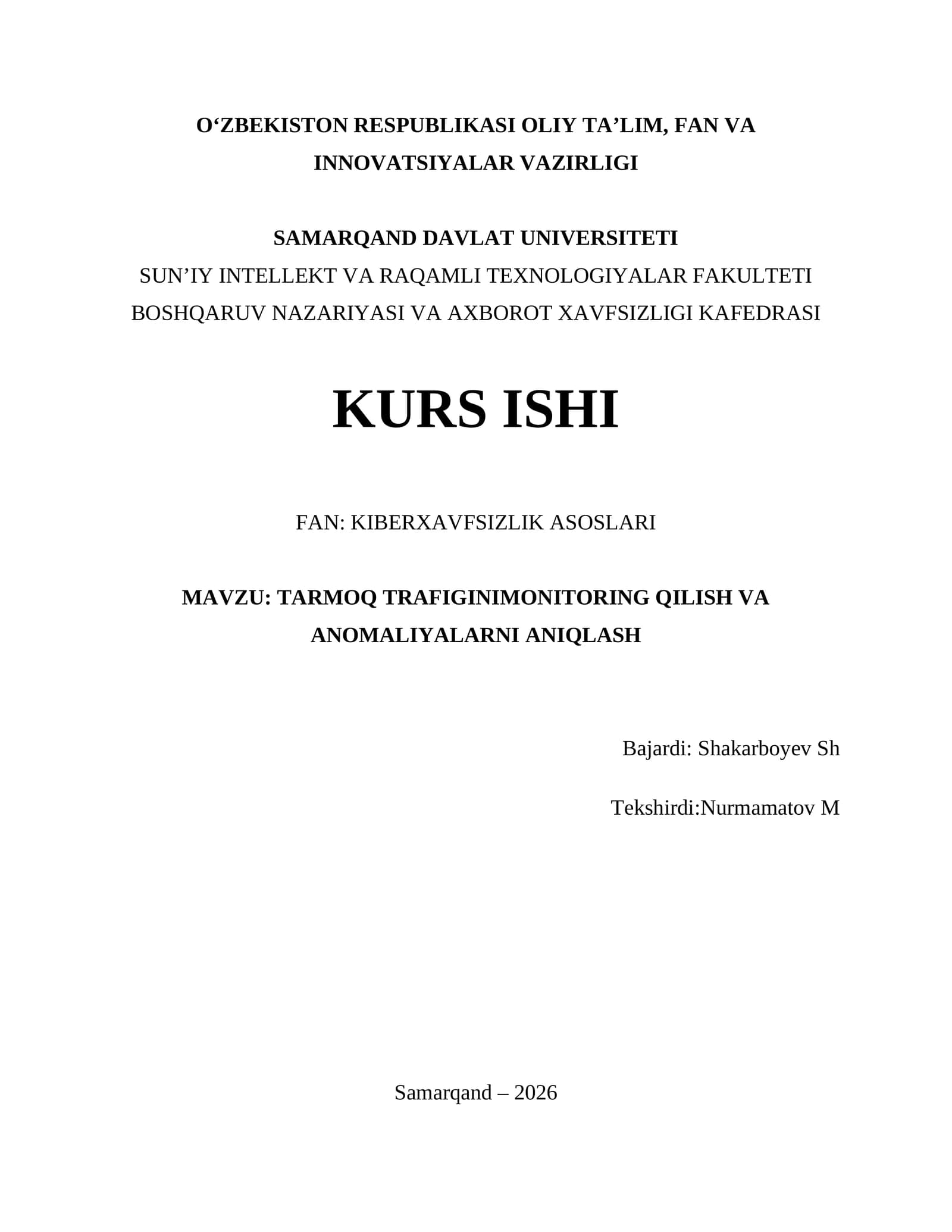 TARMOQ TRAFIGINIMONITORING QILISH VA ANOMALIYALARNI ANIQLASH