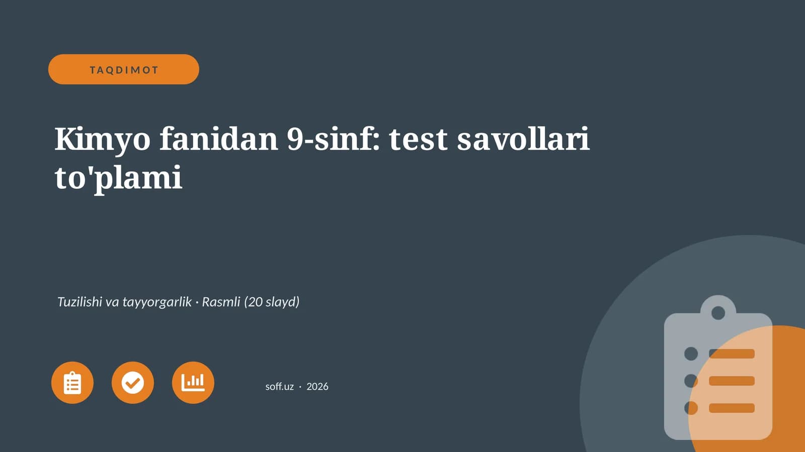 Kimyo fanidan 9-sinf: test savollari to'plami