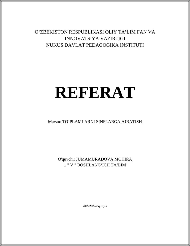 TOʻPLAMLARNI SINFLARGA AJRATISH