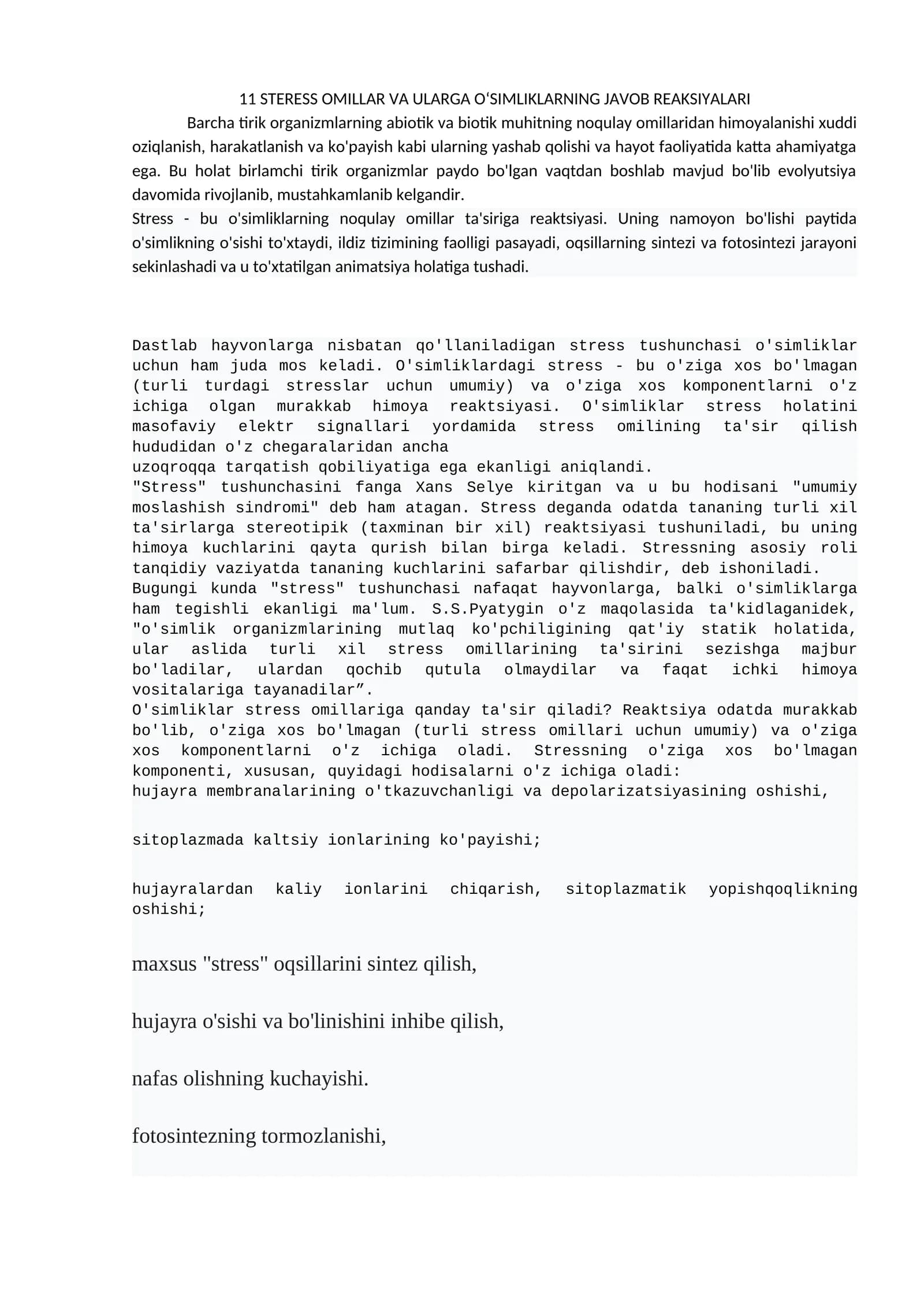 Steress omillar va ularga o‘simliklarning javob reaksiyalari