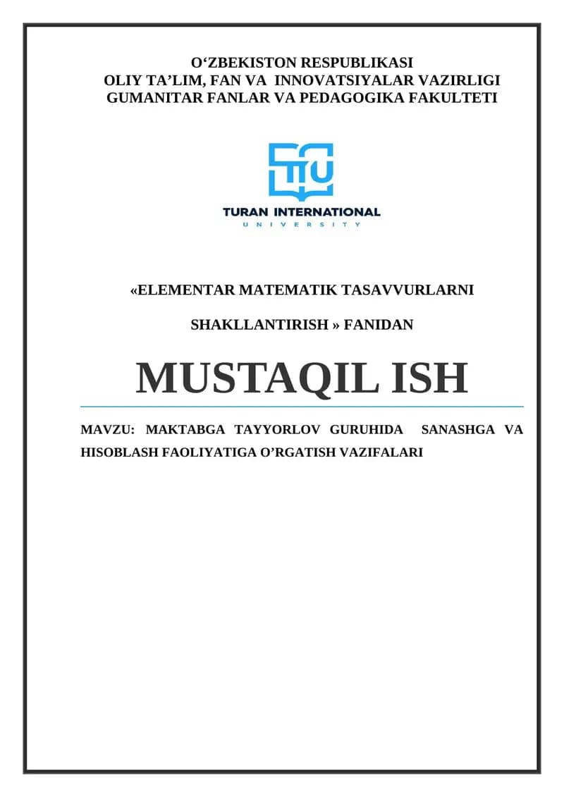 ELEMENTAR MATEMATIK TASAVVURLARNI SHAKLLANTIRISH