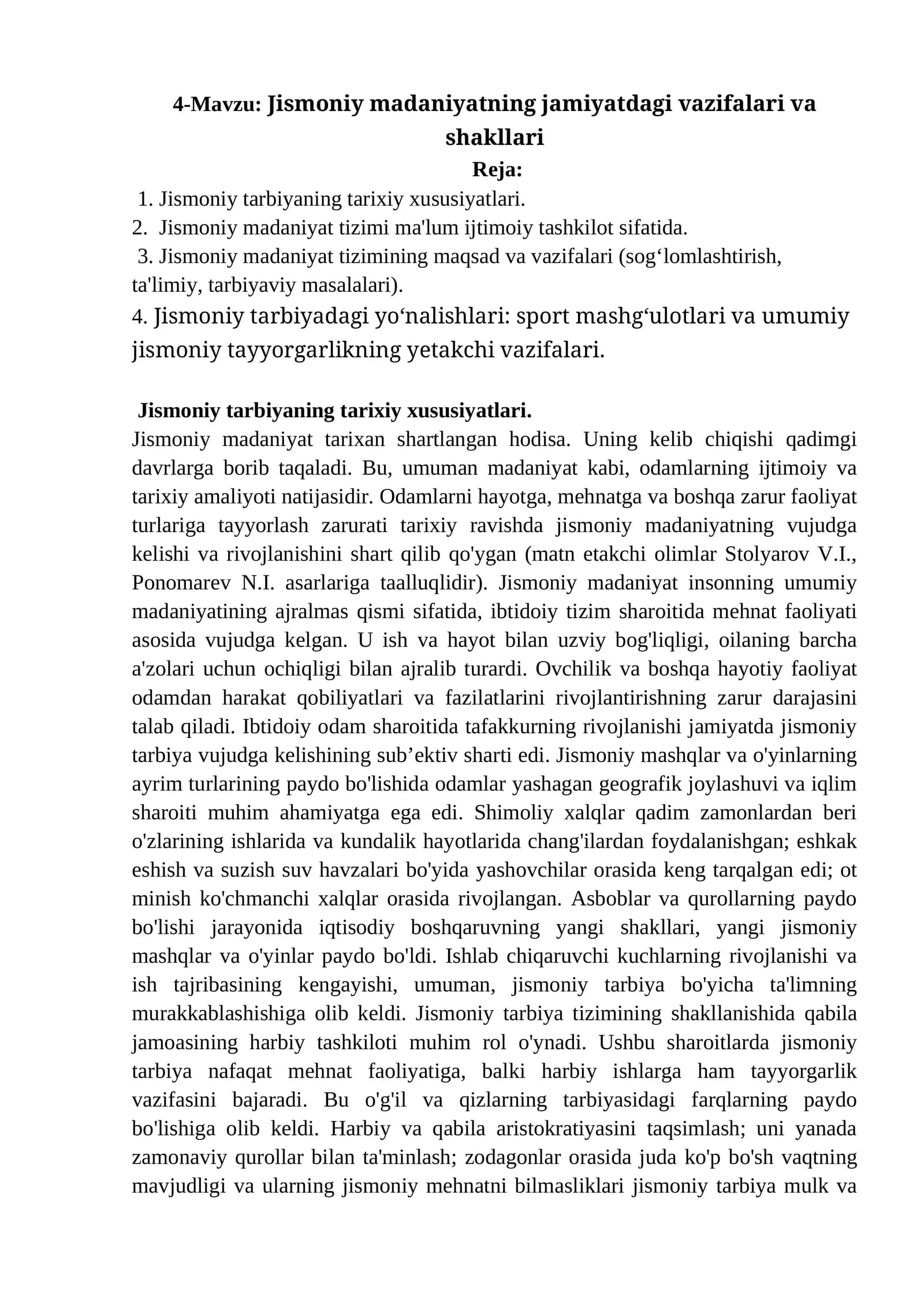 Jismoniy madaniyatning jamiyatdagi vazifalari va shakllari