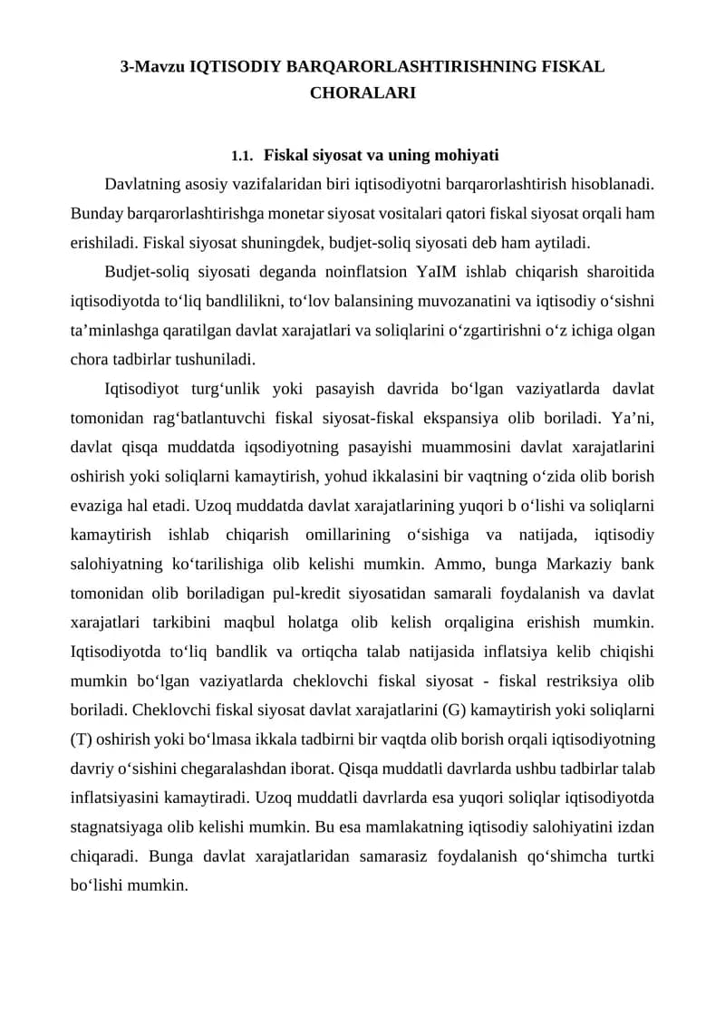 IQTISODIY BARQARORLASHTIRISHNING FISKAL CHORALARI