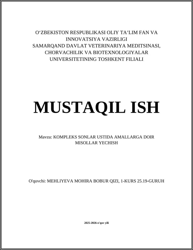 KOMPLEKS SONLAR USTIDA AMALLARGA DOIR MISOLLAR YECHISH