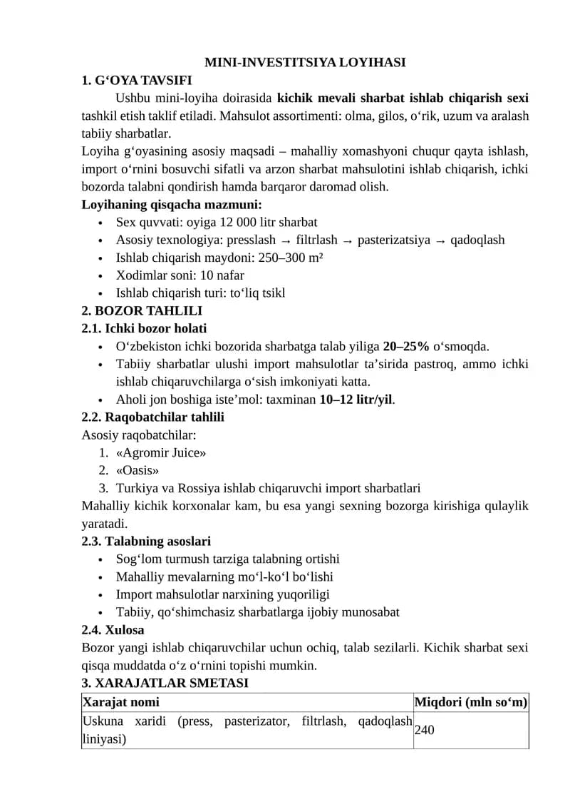 MINI-INVESTITSIYA LOYIHASI