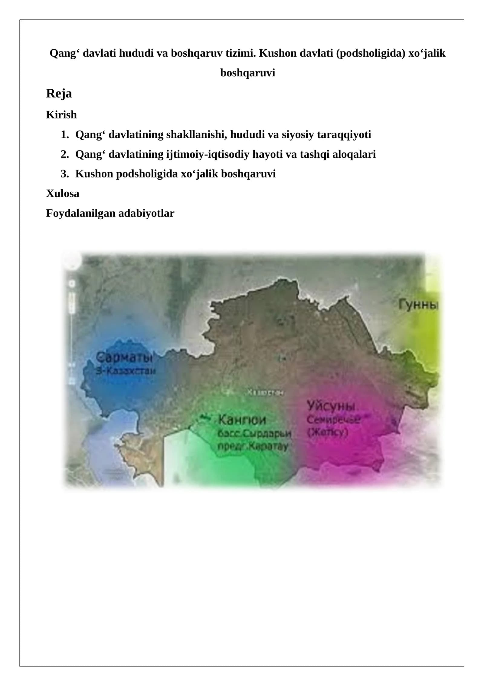 Qang‘ davlati hududi va boshqaruv tizimi. Kushon davlati (podsholigida) xo‘jalik bos