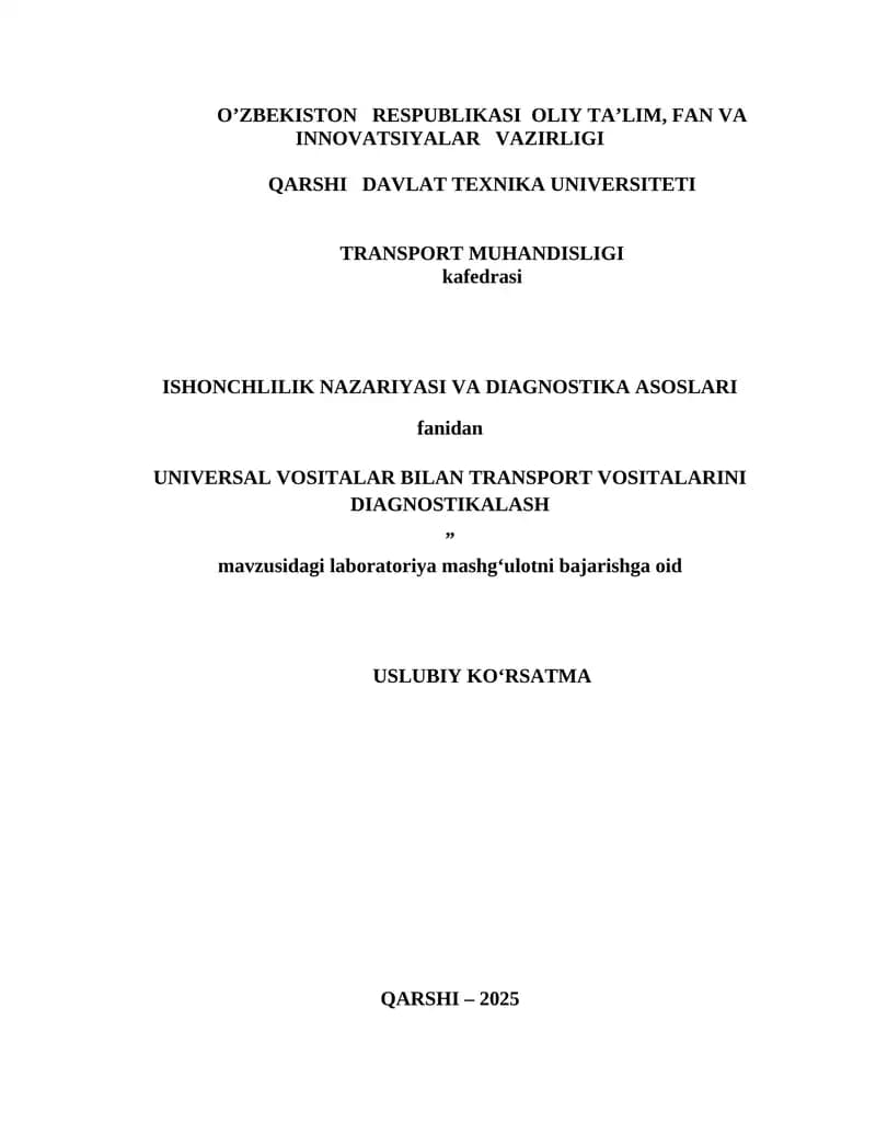 UNIVERSAL VOSITALAR BILAN TRANSPORT VOSITALARINI DIAGNOSTIKALASH