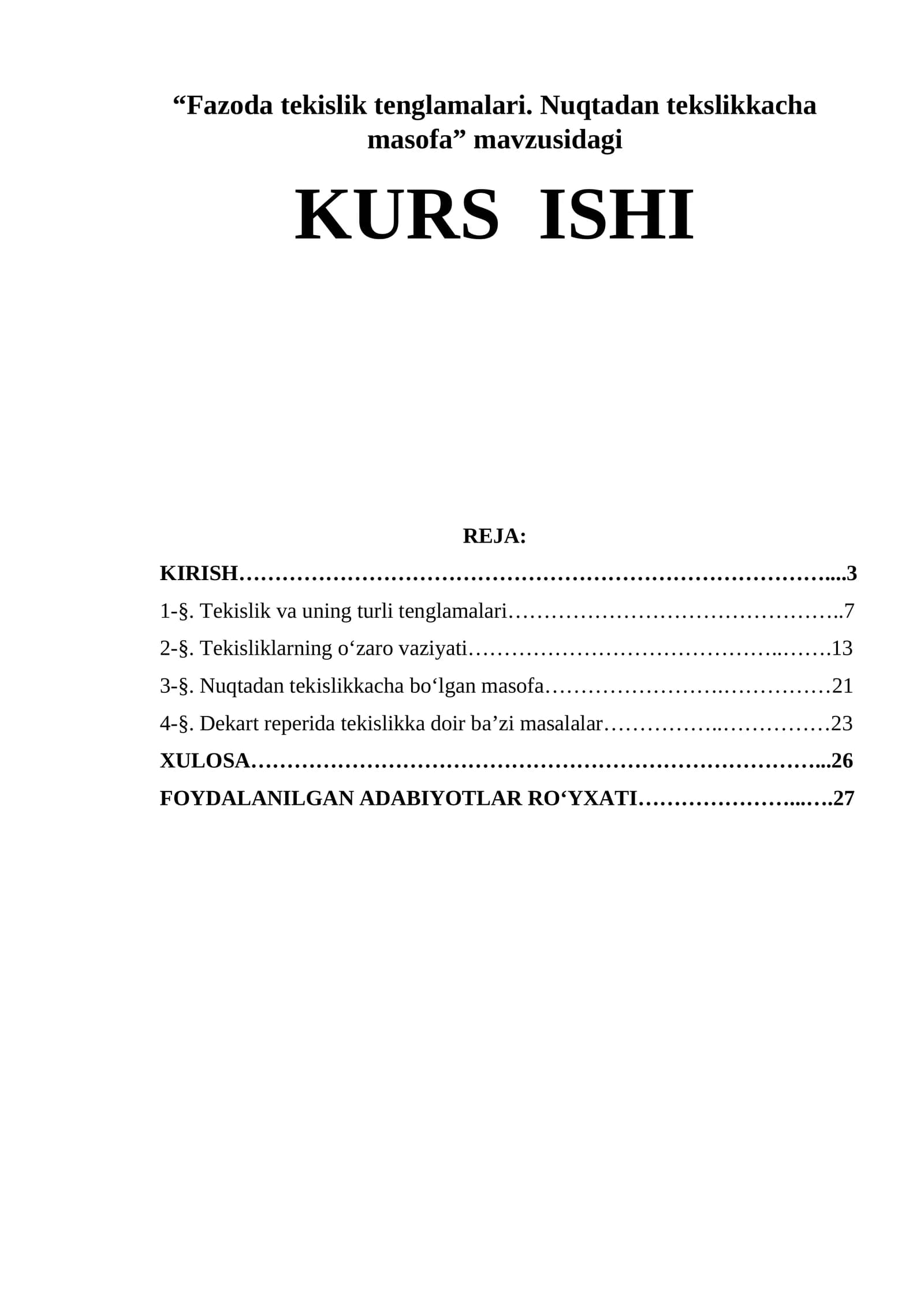 Fazoda tekislik tenglamalari. Nuqtadan tekslikkacha masofa