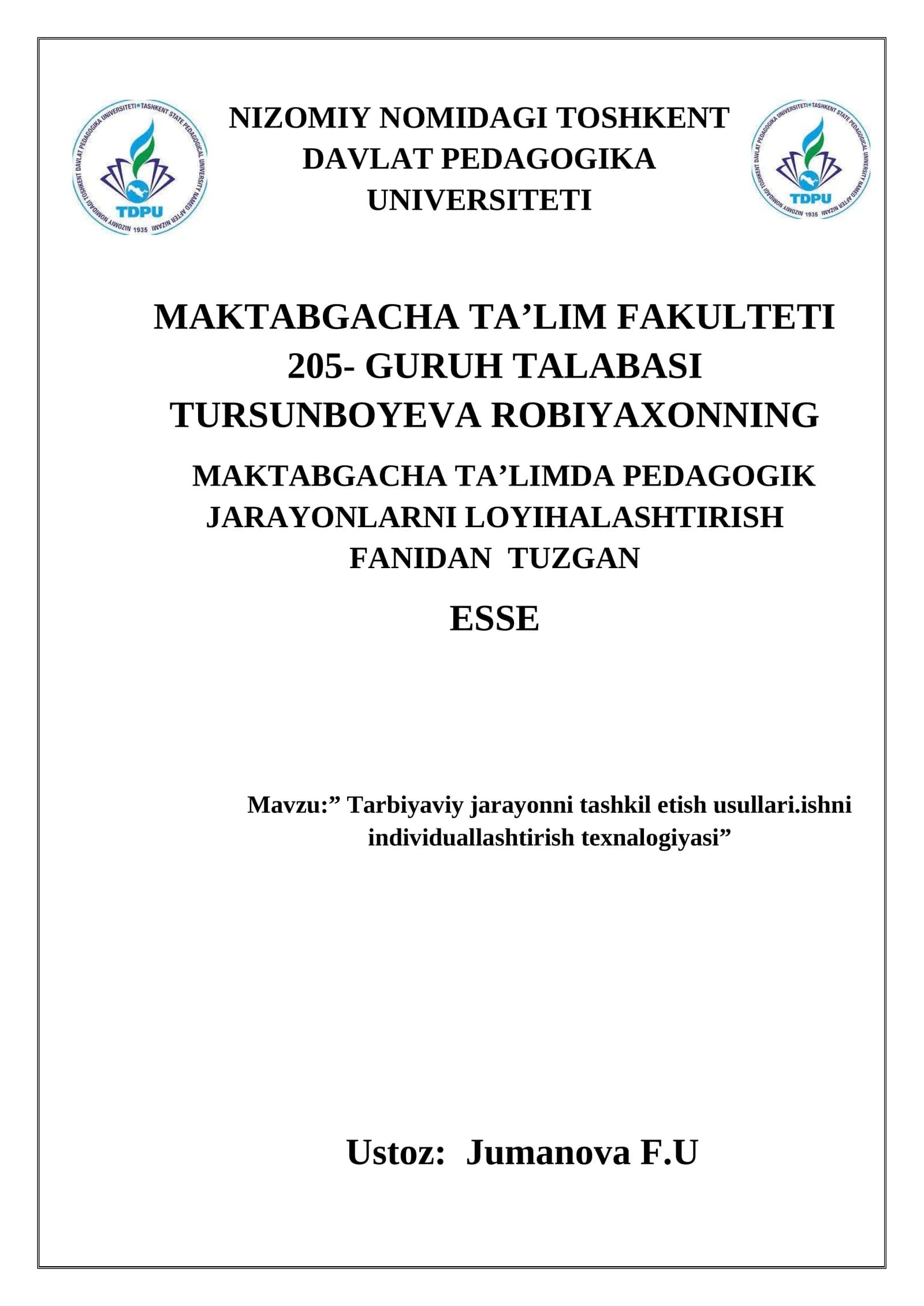 Tarbiyaviy jarayonni tashkil etish usullari